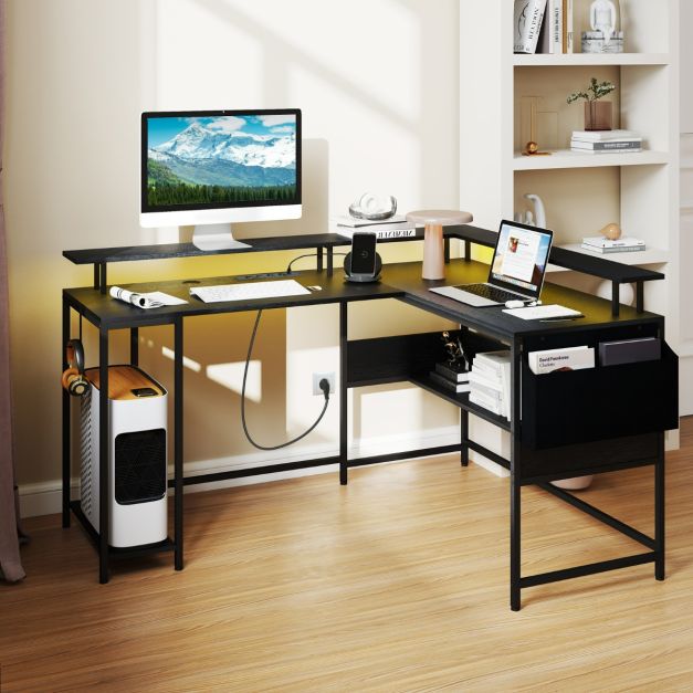 Coleshome Scrivania Gaming con Libreria e Cassetti, Tavolo Gaming con Illuminazione LED & Presa di Corrente, Scrivania Computer con Ripiani di