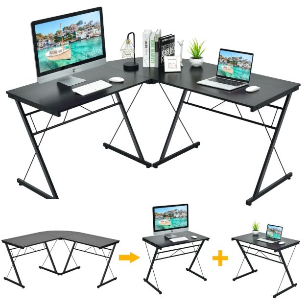 SANODESK Scrivania Angolare A L Per PC - 167x127 Cm, Con Supporto Monitor, Portabicchieri E Ganci, Nero - 2