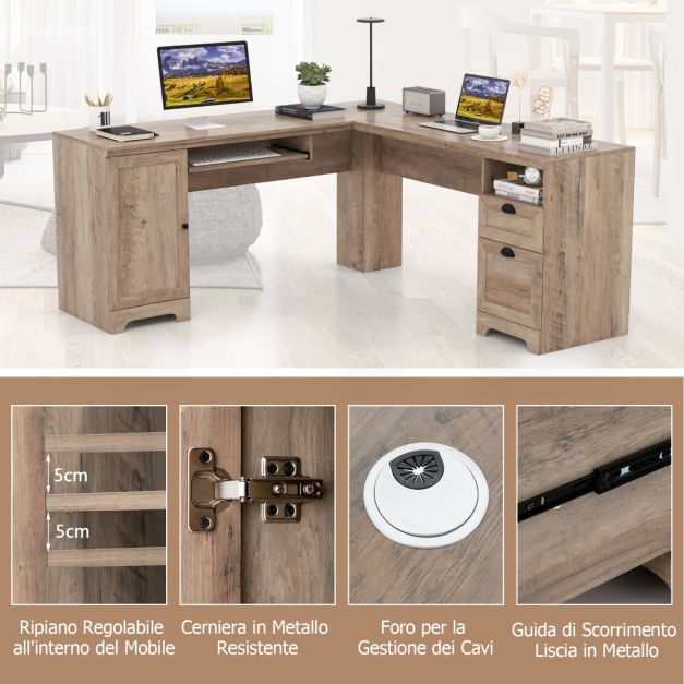 Scrivania A L LVB Con Cassetti E Armadietti - Angolare Reversibile, Legno Rovere E Metallo, Per Ufficio O Gaming