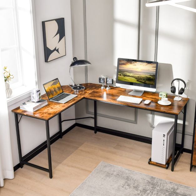 GYMAX Scrivania Angolare Con Libreria, Prese E Porte USB - Salvaspazio Per Ufficio E Casa (Bianco/Dorato) - 2