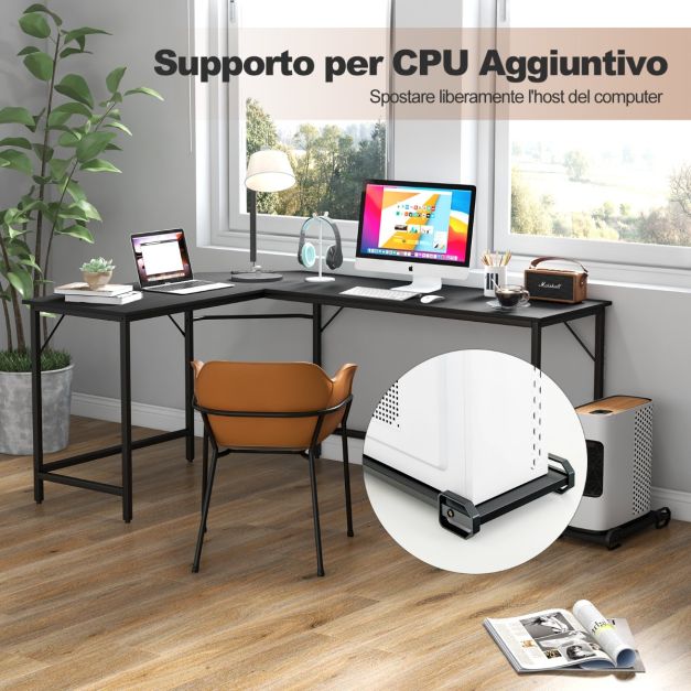 COSTWAY Scrivania Angolare A L Con Presa Di Corrente E USB – Salvaspazio, Metallo, Per Computer E Ufficio Domestico, Nero