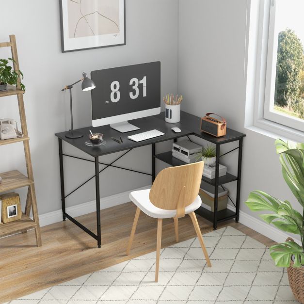 Scrivania Angolare A L BAKAJI Con Libreria 2 Ripiani - Tavolo Da Lavoro In Metallo Nero E Legno Effetto Anticato - Design Industriale Per Ufficio O Cameretta - 138x138x76 Cm - 5