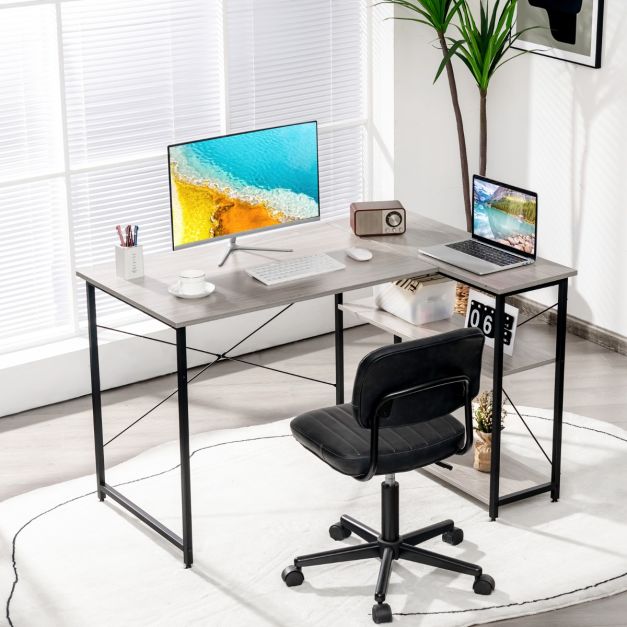 Costway Scrivania angolare da 120cm con prese di corrente e porte USB ripiani per lavoro, Scrivania a L per ufficio 2 Colori