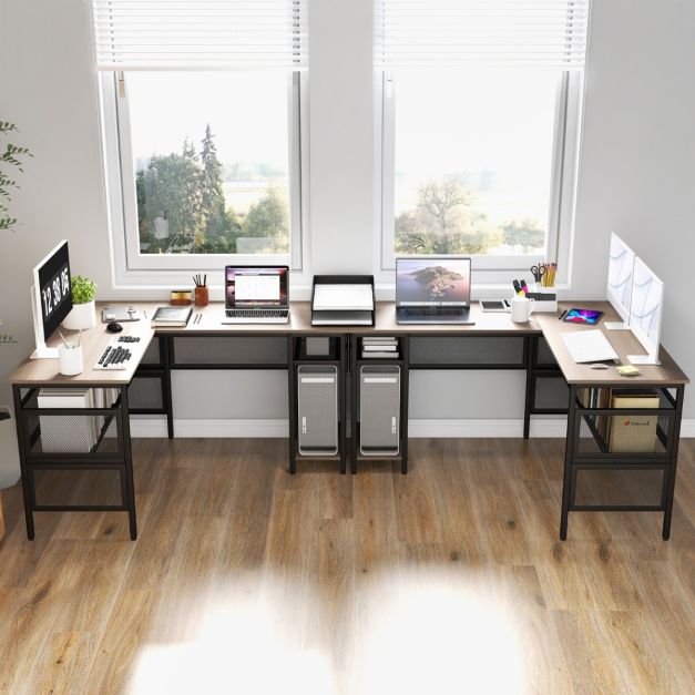 Homieasy Scrivania Angolare A L Con Cassetto, Prese E Luci LED - 122 Cm, Supporto Monitor, Ganci, Per Ufficio, Gaming E Studio, Colore Nero
