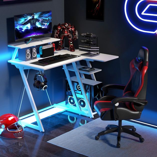 COSTWAY Scrivania da Gaming Angolare, Scrivania per Computer con Luci