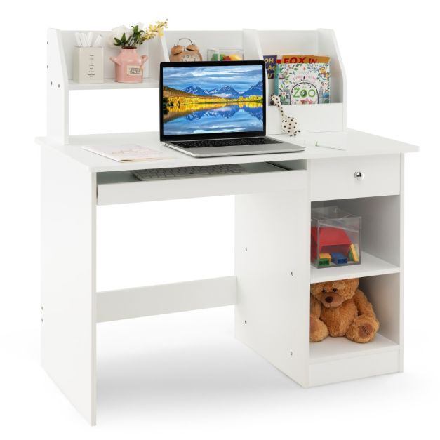 Libreria Da Scrivania ChooChoo, 5 Ripiani E 1 Cassetto, Altezza 92,5 Cm, Organizer Per Computer E Libri, Bianco - 3