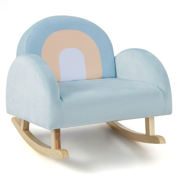 Sedia a dondolo per bambini con telaio in legno massello di gomma e  rivestimento in velluto, Poltrona imbottita Blu - Costway