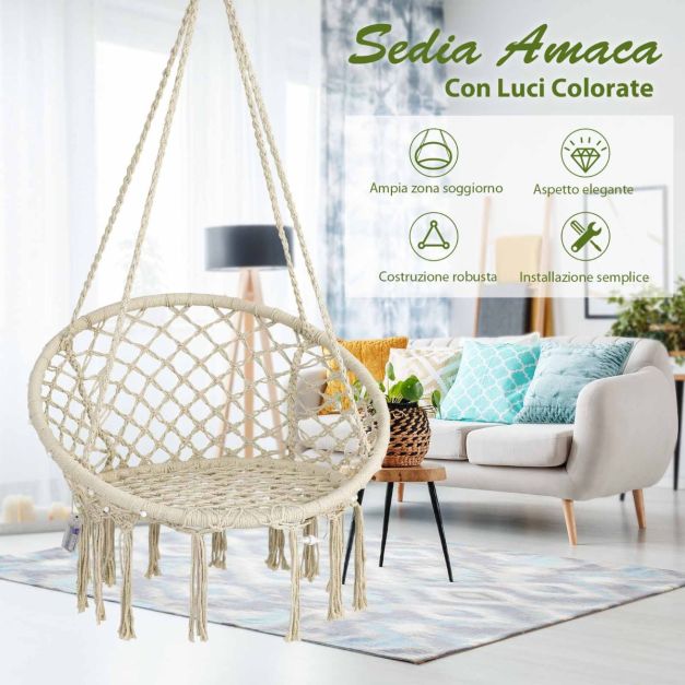 Bathonly Poltrona Sospesa, Portata 150 Kg, in Cotone con Cuscino, Sedia a dondolo in Macramè, Fatta a Mano con Kit di Accessori per Appendere, BohéMien, Giardino, Interni & Esterni, Beige