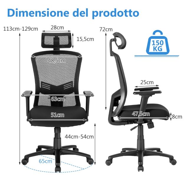 YFO Sedia Da Ufficio Ergonomica In Rete – Schienale E Braccioli Regolabili, Supporto Lombare, Fino A 136 Kg, Nero