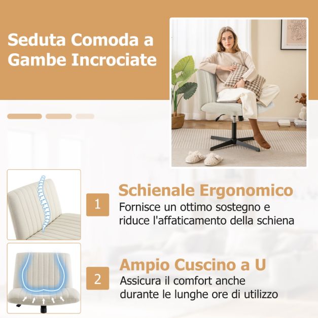 Furnimart Sedia Girevole Da Ufficio Con Gambe Incrociate E Ruote, Senza Braccioli, Seduta Ampia, Beige