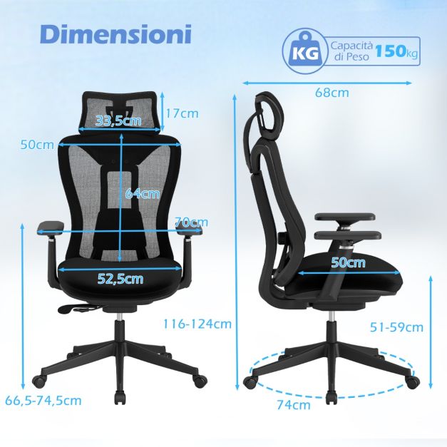 Sedia Ufficio Ergonomica Poltrona Girevole Con Braccioli Poggiatesta E Supporto Lombare Regolabile In Tessuto Per Scrivania Nero Zik 89761782