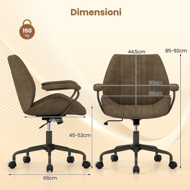 Sedia da ufficio in velluto olandese, Sedia girevole regolabile in altezza con 5 ruote schienale ergonomico Grigio
