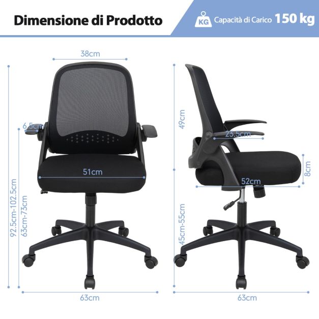 Sedia da ufficio in rete nera con blocco inclinazione, supporto lombare, braccioli ribaltabili, poggiatesta e angolo schienale regolabile, nera, cuscino incluso, nera