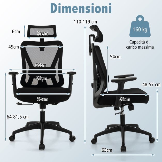 Sedia Ufficio Ergonomica In Rete Nera: Supporto Lombare Regolabile, Girevole, Con Dondolo, Base In Nylon