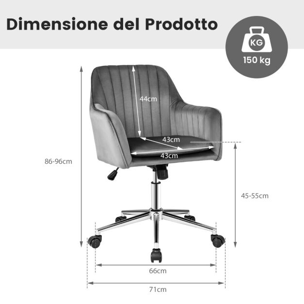 COSTWAY Sedia per Soggiorno in Velluto 52 cm, Poltrona Girevole con Ruote, con Schienale Regolabile e Setuda Imbotti, Regolabile in Altezza, Funzione di Inclinazione, Portata 150 kg