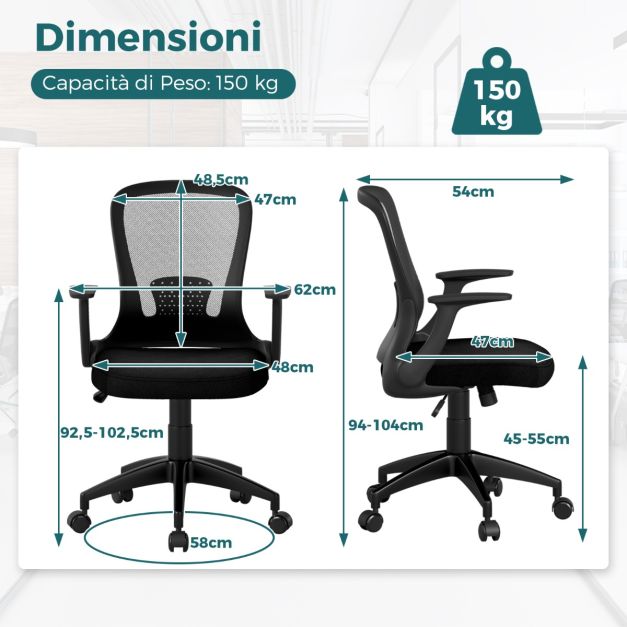 Sedia Ufficio Girevole Senza Braccioli - Schienale In Rete, Supporto Lombare Regolabile, Per Piccoli Spazi E Scrivania, Nero