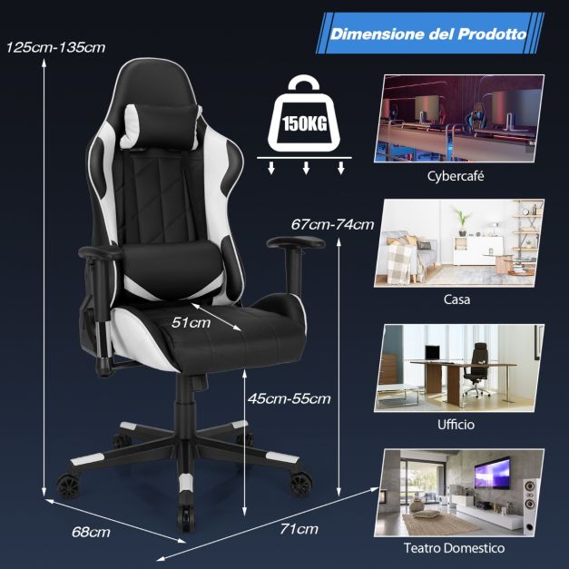 Sedia da gaming girevole a 360° con poggiatesta e cuscino lombare, Sedia ergonomica per computer Nero e bianco