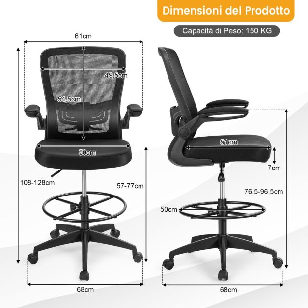 Sedia da ufficio girevole ergonomica con schienale medio in rete, con braccioli e ruote regolabili in altezza, per adulti, casa e studio