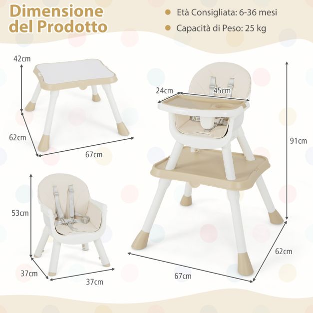 COSTWAY Seggiolone Pappa 6-in-1 In Legno Per Bambini (6-36 Mesi) - Grigio, Con Vassoio Regolabile, Cintura 5 Punti, Poggiapiedi - 57x50x85 Cm