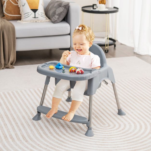 COSTWAY Seggiolone Pappa 6-in-1 Convertibile In Legno – Regolabile, Con Vassoio E Cintura 5 Punti, Grigio - 3