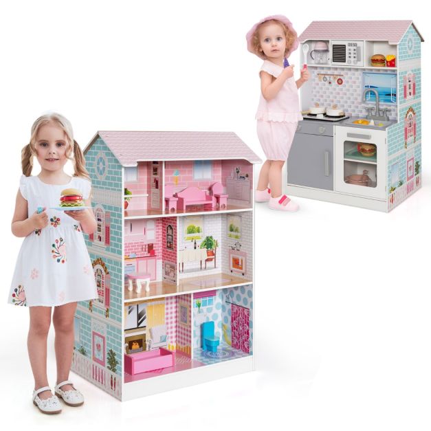 Set cucina per bambini e casa delle bambole 2 in 1 in legno, Giocattolo a  doppia faccia con suoni e luci - Costway