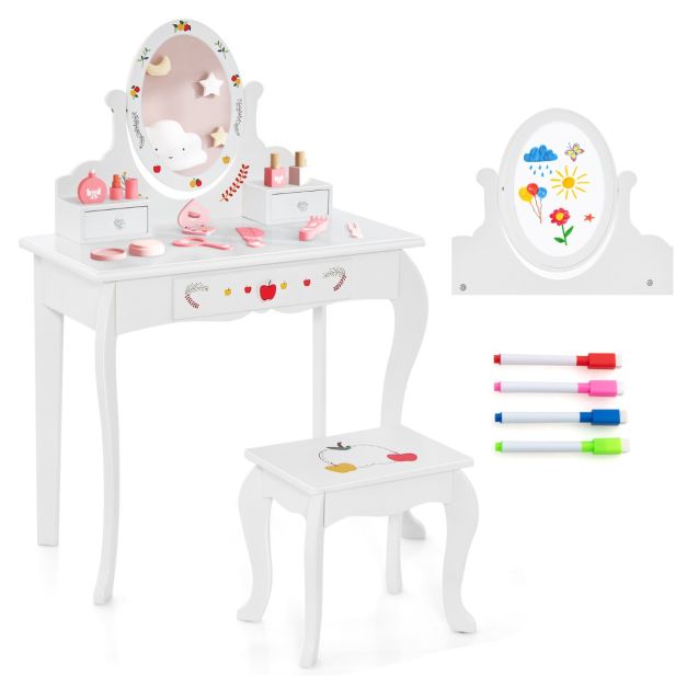Set da toeletta per bambini con specchio girevole e lavagna, Tavolo da  trucco da principessa con sgabello Bianco - Costway
