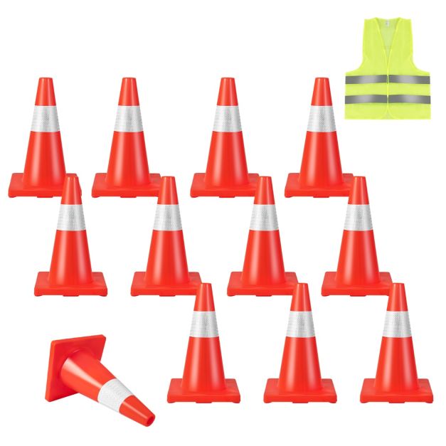 Set di 12 coni stradali con strisce refrigeranti e gilet di sicurezza, Coni  segnaletici stradali in PVC Arancione - Costway