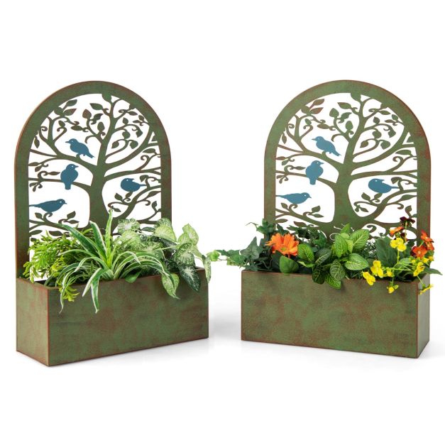 Set di 2 fioriere rialzate con grigliati in metallo spalliera per piante,  Fioriere a muro da esterno Verde scuro - Costway