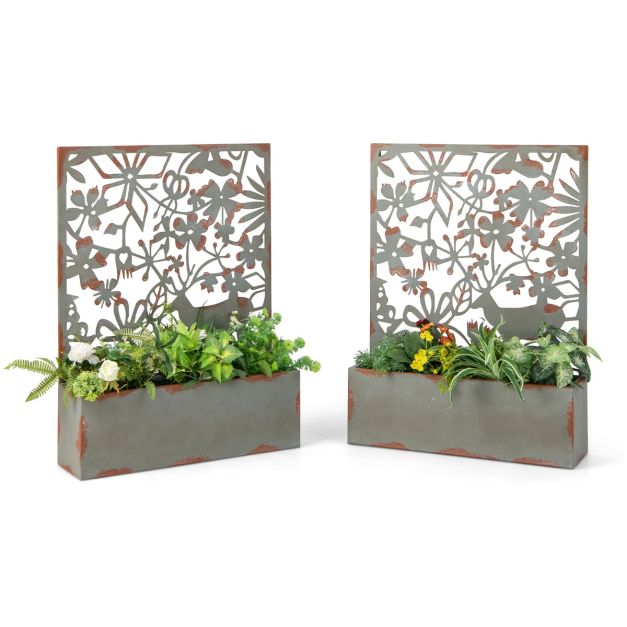 Set di 2 aiuole decorative rialzate da parete con grigliato, 2 fioriere  autoportanti in metallo per piante Grigio - Costway