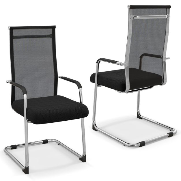 Set di 2 sedie per ospiti con base a slitta in metallo e braccioli, Sedie  da conferenza per ufficio Nero - Costway
