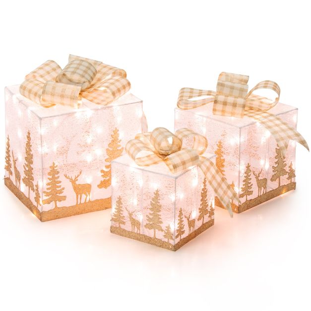 Set di 3 scatole regalo per Natale, Scatole regalo pre-illuminate con 100  luci bianche calde fiocchi 30x30x30cm