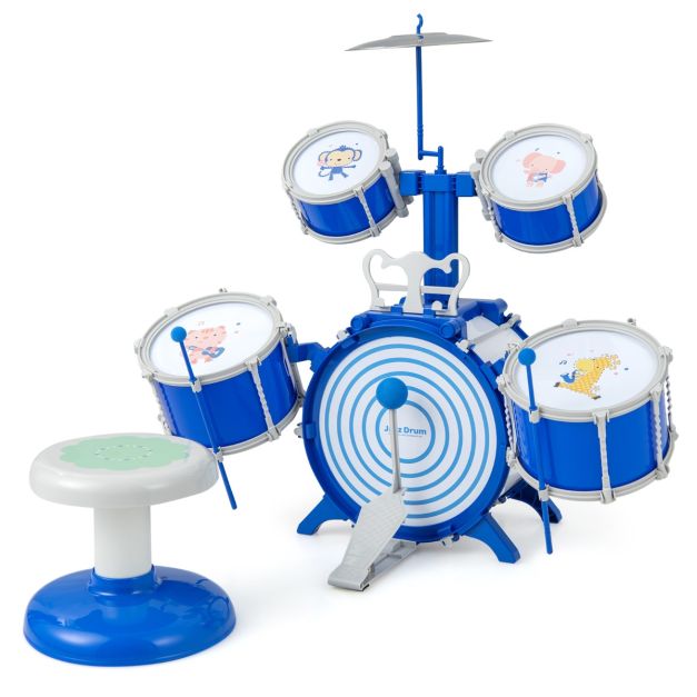 Set di batteria per bambini con cassa 2 tamburi medi 2 rullanti piatto  bacchette e pedale, Kit di batteria jazz Blu - Costway