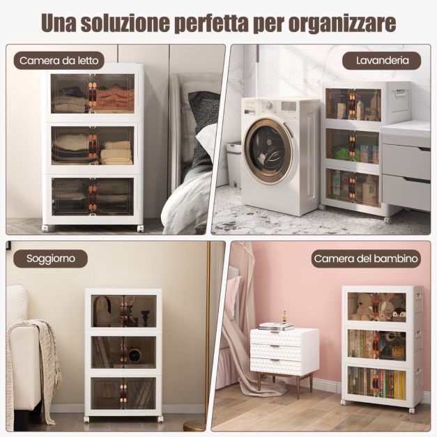 Scatole Portaoggetti Impilabili Con Ante – Confezione Da 3 Contenitori In Plastica Pieghevoli, Con Ruote E Coperchio, Capacità 32L, Per Snack, Giocattoli, Ufficio