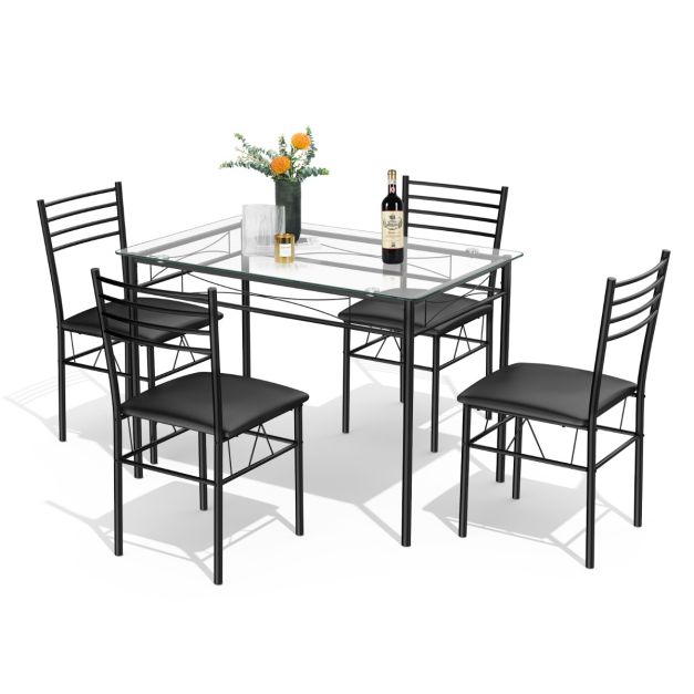 Set di tavoli da cucina 5 pezzi con piano in vetro e quattro sedie  imbottite, Mobili per la cucina in ferro vetro - Costway