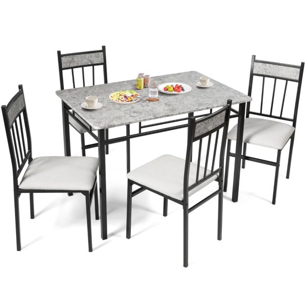 Set di tavoli da pranzo da 5 pezzi con piano in marmo per 4 persone, Tavolo  da pranzo rettangolare e 4 sedie imbottite