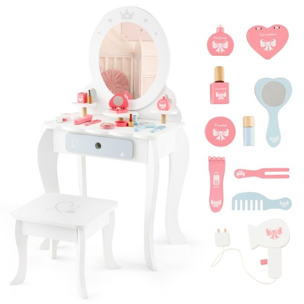 Set di tavolo trucco e sgabello per bambine con specchio rimovibile  cassetto, Toeletta trucco bambina 2 in 1 Bianco - Costway