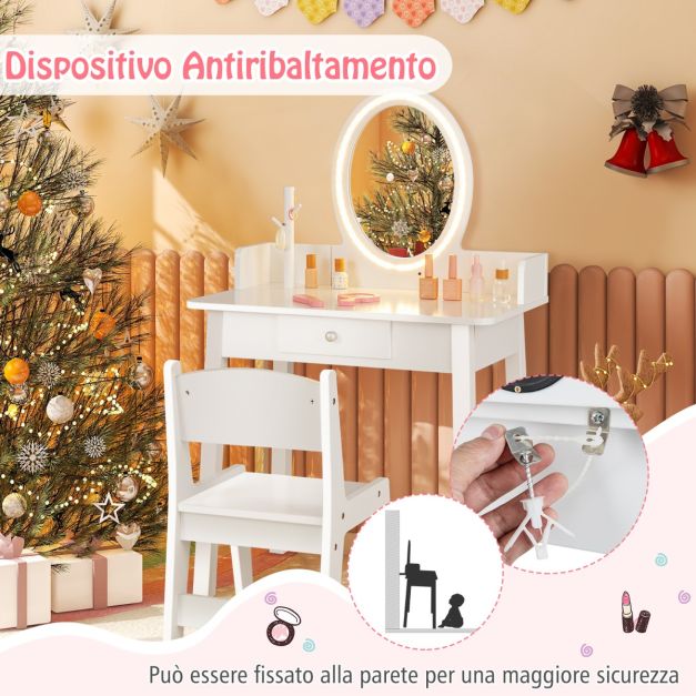 CLIPOP Set di specchi da toeletta bianchi con luci a LED e piano in vetro, scrivania