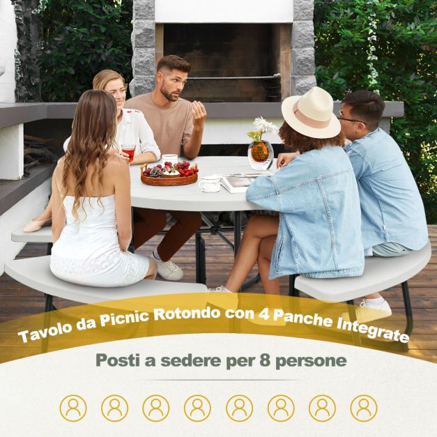 COSTWAY Set Tavolo da Picnic con 8 Posti, Tavolo da Picnic Rotondo con