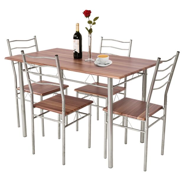 Set tavolo da pranzo con 4 sedie con schienale alto, Mobili da cucina con  tavolo da banco rettangolare - Costway