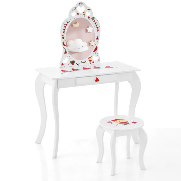 Set tavolo da toeletta per bambini con sgabello, Set da gioco principessa  con tavolo da trucco e specchio Bianco - Costway