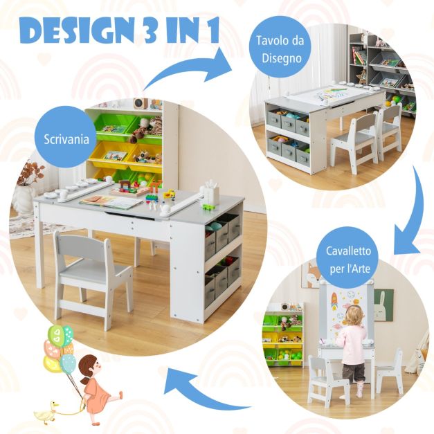 COSTWAY 3 in 1 Set Tavolo e Sedie per Bambini, Tavolo da Attività per Bambini con 2 Sedie, Lavagna Rimovibile e Deposito, per Giocare, Disegnare e Leggere, in Legno (grigio