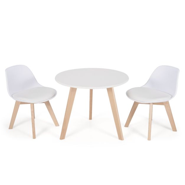 Set tavolo e sedie bambini 3 pezzi, Tavolino rotondo con 2 sedie imbottite  con gambe in legno di faggio Bianco