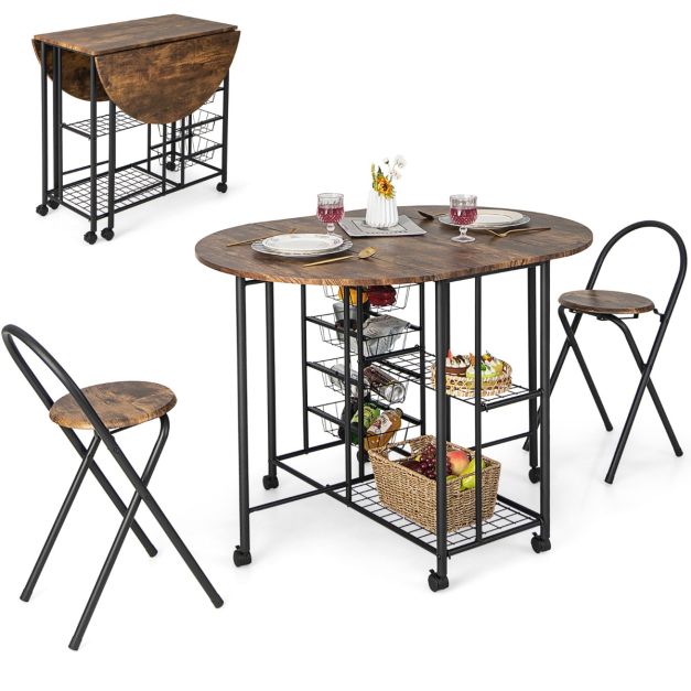 Set tavolo e sedie da cucina 3 pezzi, Tavolo pieghevole con sedie 2 ripiani  e 4 cestelli estraibili - Costway