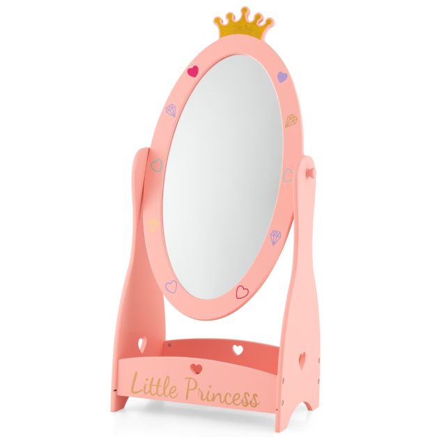Specchio a figura intera per bambine con ripiano portaoggetti, Specchio  ovale girevole a 360 gradi Rosa - Costway