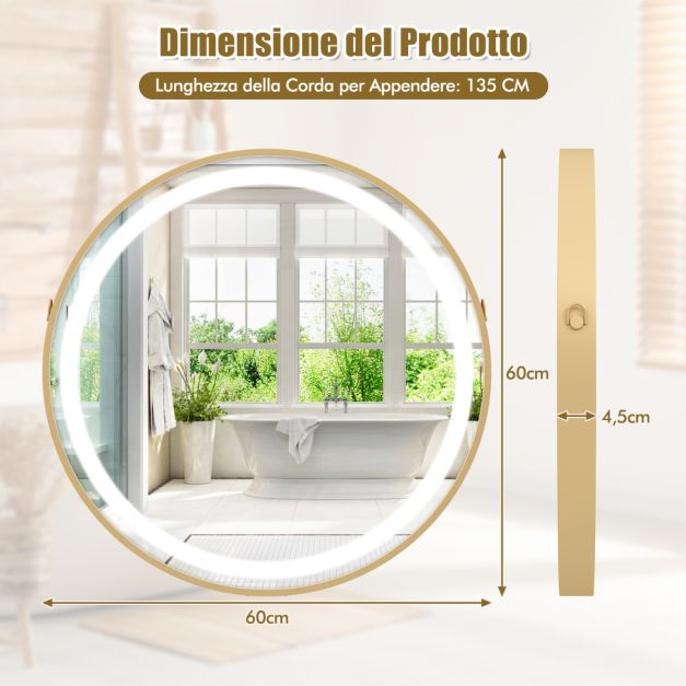 Viugreum Specchio con illuminazione asimmetrica LED specchio da bagno 50 x 70 cm con interruttore touch, specchio da bagno a LED, 3 colori di luce, specchio regolabile da bagno con illuminazione