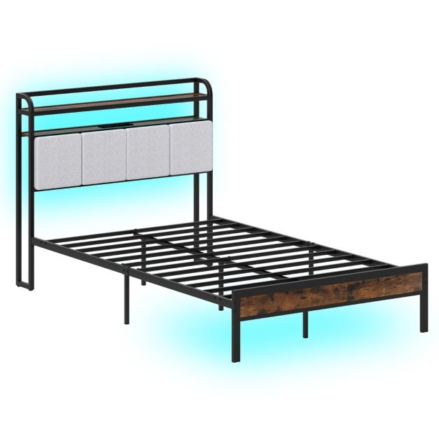 Struttura Letto Matrimoniale Con Luci LED, Letto A Piattaforma Con Testiera Imbottita Regolabile E Stazione Di Ricarica Letto Moderno In Metallo Silenzioso Carico 300kg 200 X 160cm