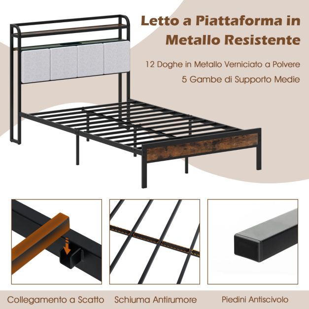 Struttura Letto Matrimoniale Con Luci LED, Letto A Piattaforma Con Tes Imbottita Regolabile E Stazione Di Ricarica Letto Moderno In Metallo Silenzioso Carico 300kg 200 X 160cm
