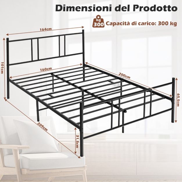 VERFARM Struttura per letto matrimoniale basso da 8 cm, letto in metallo 135 x 190 cm, struttura letto matrimoniale in metallo resistente con supporto a doghe in acciaio, senza bisogno di molle