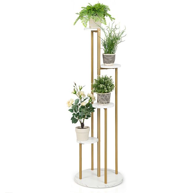 Supporto per piante in metallo a 4 livelli, Scaffale per piccole piante con  superficie in finto marmo Bianco - Costway