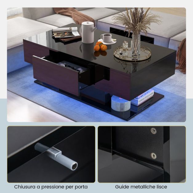 Comodino Moderno Con Luce LED E 2 Cassetti, Bianco Lucido, Vano Segreto, Telecomando 16 Colori, 40x35x52 Cm - 4
